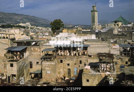 14.11.2010, Fes, Marokko, Afrika - erhöhter Blick über die Dächer einer traditionellen Gerberei und Farbstofffabrik in der ummauerten Medina mit historischen Gebäuden. Stockfoto