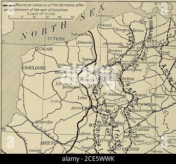 . Schlachtfelder des Weltkrieges, West- und Südfronten; eine Studie in militärischer Geographie . weiter nördlich, die den Vormarsch im Tunnelsektor und die zwingende damit der deutschen Truppen noch die Ostseite der Schelde von Le Catelet nach Norden hält. Inzwischen hatte die französische erste Armee, die rechts von den Briten operierten, St. Quentin eingekreist, Durch die Überquerung des Tron-quoy Tunnels nördlich der Stadt und durch das Brechen der Defenselinen im Süden, wo sie den Ebenen Upland zwischen den Somme und Oise Tälern überquert und wurden daher durch natürliche Oben ungeschützt Stockfoto