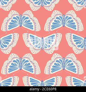 Schmetterlingsmuster. Cute Vektor nahtlose Wiederholung Insekt Hintergrund Illustration in orange und blau. Stock Vektor