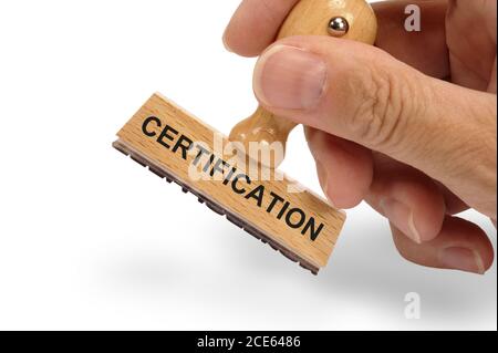 Zertifizierung gedruckt auf Stempel Stockfoto