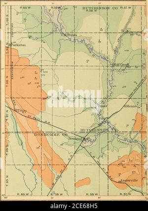 . Geologie und Wasserressourcen eines Teils des südöstlichen South Dakota . s schleichende Natur. Ähnliche Merkmale wurden in Sk. 33, T. 100 N., R. 59 W., ein Hang über dem Dakota-Sandstein und unter dem Niveau des Kreidesteins. Es ist unmöglich, die Dicke der Formationmit irgendeiner Genauigkeit zu schätzen, aber es gibt klare Beweise dafür, dass die dem Benton entsprechende Tonschicht hier in beträchtlicher Menge gefunden wird.Sie ist wahrscheinlich 50 Fuß dick. An anderer Stelle wurde in Bor-ings berichtet, dass sie dem Chalkstone zugrunde liegen und auf den Sandsteinen von Dakota liegen. Vor der Abscheidung von t Stockfoto