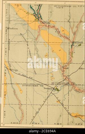 . Geologie und Wasserressourcen eines Teils des südöstlichen South Dakota . Verbündeter bezog sich auf den Algonkian. Seine Dickeschas wurden nicht bestimmt. Bei Sioux Falls zeigte eine langweilige 500 Fuß Tiefe keinen wichtigen Unterschied im Charakter des Felsens. DIE PALÄOZOISCHE LÜCKE. In dieser Region gibt es keine Spuren von paläozoischen Formationen noch der Trias und Juras der Mesozoikum Zeit. Die Oberfläche des Siouxquarzit zeigt Spuren einer langen Erosion in einer Höhe von mehreren Füßen über dem Meeresspiegel. Das nächste Vorkommen des paläozoischen Felsens, das entdeckt wurde, ist in den Bohrungen bei Ponca, Nebraska, undSi Stockfoto