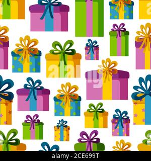 Nahtloses Muster mit Geschenkschachteln in buntem Geschenkpapier. Muster für den Urlaub Designs. Vektorgrafik im flachen Stil Stock Vektor