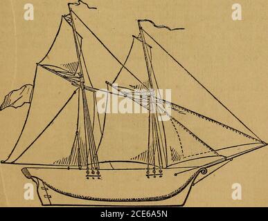 . Geschicklichkeitsspiele, und beschwören: Einschließlich Entwürfe, Dominosteine, Schach, morrice . Ein Schoner ist ein Schiff mit zwei Masten, und vor-und-achtern Segel litdiejenigen eines Cutter. Der Schoner-Rig ist nicht für sehr kleine Boote geeignet. BCHOONEE 66 BOOTSBAU, die Lugg ist in der beigefügten Gravur abgebildet. Der Lug-sailwhich unterscheidet dieses Rig ist ein quadratisches Segel, das an einem Hof befestigt ist Stockfoto
