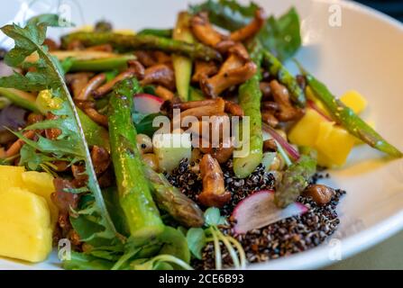 Eine Nahaufnahme eines köstlichen gemischten Salats mit Spargel Und Quinoa Stockfoto
