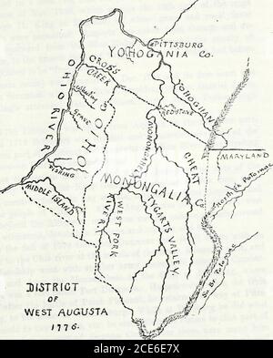 . West Virginia historische Zeitschrift vierteljährlich. Es war Catarina Beierlin, die lebendig war in 1735. W. S. Laidley. BEZIRK VON WEST AUGUSTA. Dieser Bezirk war der westliche Teil der Grafschaft Augusta in Virginia; er war östlich des Ohio Flusses und westlich der Alleghenyberge. Es wurde nicht von statnte geschaffen, noch wurde durch Gesetz anerkannt. Es war kein Landkreis, hatte aber ein Bezirksgericht und eine Grafschaft-Versammlung. Seine Grenzen und die zivile Gerichtsbarkeit waren beide unbekannt. Wie oder wann es begann, war nie bekannt, aber wir wissen, wann es endete. Als Teil des Territoriums jetzt in West Virgin Stockfoto