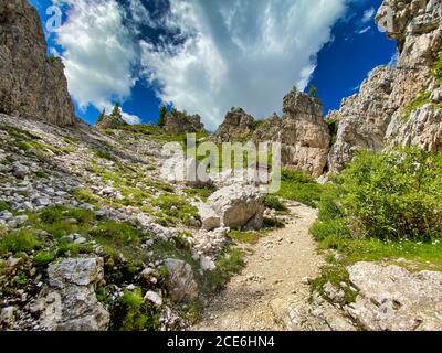 Fünf Türme, Italienische Alpen. Cinque Torri Landschaft im Sommer, Dolomiten. Stockfoto