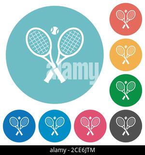 Tennisschläger mit Ball flach weißen Symbolen auf runde Farbe Hintergründe Stock Vektor