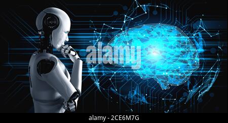 Thinking AI humanoiden Roboter Analyse Hologramm Bildschirm zeigt Konzept der AI Stockfoto