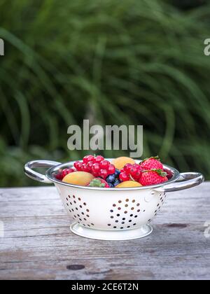 Vier Gläser mit hausgemachter Marmelade aus Brombeeren, Erdbeeren und Aprikosen auf dem Tisch im Garten. Schüssel mit frischen Früchten auf dem Hintergrund. Stockfoto