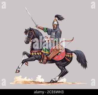 Mittelalterlicher berittene Ritter. Schwerer gepanzerter Fahrer. Ritter mit Schwert Illustration. Stockfoto