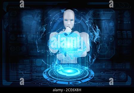 Thinking AI humanoiden Roboter Analyse Hologramm Bildschirm zeigt Konzept der AI Stockfoto