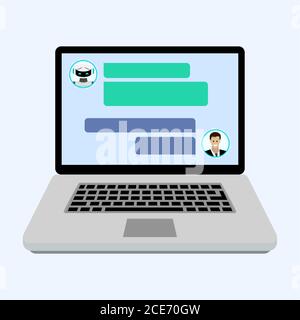 Online-Unterstützung chatbot, Laptop-Chat mit Hilfe. Unterstützung Chat-Service, Online-Kommunikation bot, virtuelle Chatbot Web-Konversation von Laptop. V Stock Vektor