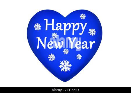 Blaues Herz, Happy New Year Text, Schneeflocken-Muster auf weißem Hintergrund isoliert Nahaufnahme, Frohe Weihnachten & Winterferien Banner, Weihnachtsdekoration Stockfoto