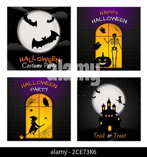 Happy Halloween Grußkarten oder Banner-Vorlage mit Horror-Figuren Silhouetten Symbole Vektor-Illustration. Stock Vektor