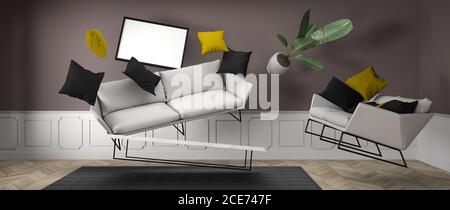 Möbel schweben in einer Wohnung 3D-Rendering Stockfoto