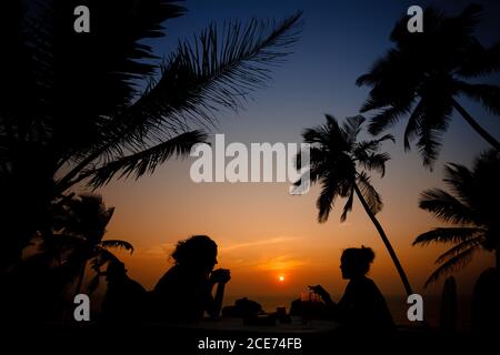 Indien - 9. November 2012: Seitenansicht der Silhouetten eines nicht erkennbaren Paares unter tropischen Bäumen, das Abendessen bei spektakulärem Sonnenuntergang Stockfoto