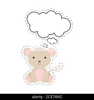 Niedliche Cartoon-Maus mit Rede Blase Aufkleber. Kawaii-Zeichen auf weißem Hintergrund. Cartoon sitzende Tier Postkarte Cliparts für Geburtstag, Baby-Dusche Stock Vektor