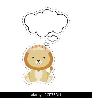 Niedliche Cartoon Löwe mit Rede Blase Aufkleber. Kawaii-Zeichen auf weißem Hintergrund. Cartoon sitzende Tier Postkarte Cliparts für Geburtstag, Baby-Dusche Stock Vektor