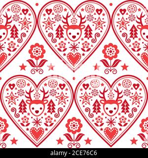 Weihnachten Scandinavian Vektor Herz nahtlose Muster - Folk Art Stil Textil-Design mit Rentieren, Schneeflocken Weihnachtsbäume und Blumen Stock Vektor