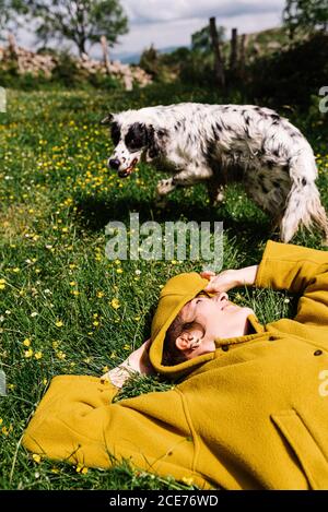 Positive Weibchen liegen auf gefeilt mit Blumen und genießen Sonne Mit englischem Setter Hund im Sommer mit geschlossenen Augen Stockfoto