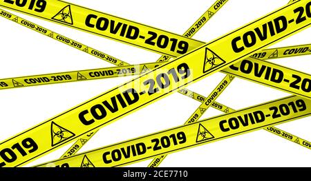 COVID-19.Gelbe Warnbänder mit schwarzem Text COVID-2019 (das 2019 neuartige Coronavirus, auch bekannt als 2019-nCoV). Isoliert. 3D-Illustration Stockfoto