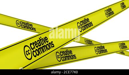 Kreative Gemeingüter. Gelbe Warnbänder mit schwarzen Symbolen der Creative Commons Corporation. Isoliert. 3D-Illustration Stockfoto