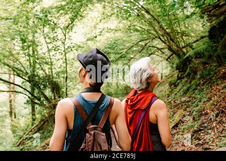 Rückansicht der jungen androgynen weiblichen und älteren Dame bewundern Landschaft von malerischen Wäldern während des Urlaubs Stockfoto