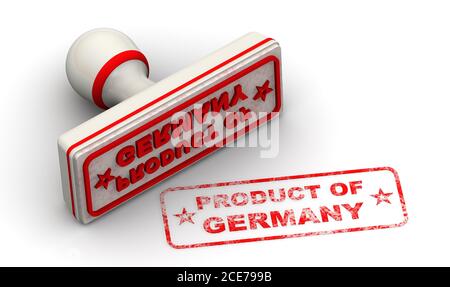 Produkt aus Deutschland. Der Stempel und ein Aufdruck. Weißer Stempel und roter Aufdruck PRODUKT VON DEUTSCHLAND auf weißer Oberfläche. 3D-Illustration Stockfoto