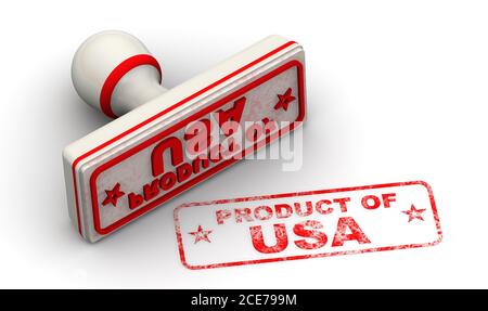 Produkt aus den USA. Der Stempel und ein Aufdruck. Weißer Gummistempel und roter Aufdruck PRODUKT DER USA auf weißer Oberfläche. 3D-Illustration Stockfoto