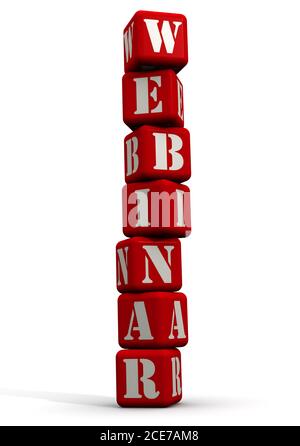 Webinar. Das Wort WEBINAR aus roten Würfeln auf weißer Oberfläche. 3D-Illustration Stockfoto