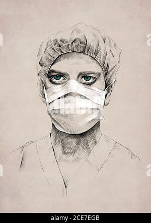 Zeichnung eines jungen männlichen Sanitäter mit blauen Augen in Uniform Und OP-Maske Stockfoto