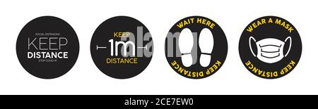 Covid 19 Kreisbanner oder Klebeaufkleber. Für Geschäfte, Banken, öffentliche Dienste, Post, Krankenhaus. Ideal, um Distanzierung und Alarm zu führen. Stock Vektor