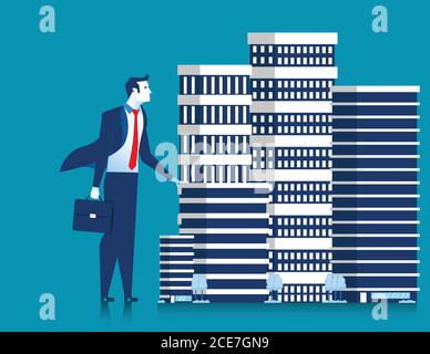 Unternehmer Eigentümer von Wolkenkratzer Gebäude Eigentum stehend. Konzept Immobilienentwickler Unternehmer. Vektor flach Stock Vektor