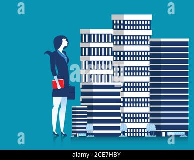 Geschäftsfrau Eigentümer von Wolkenkratzer Gebäude Eigentum stehend. Konzept Immobilienentwickler Unternehmer. Vektor flach Stock Vektor