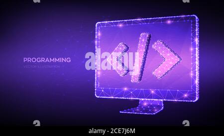 Programmierkonzept. Abstrakter, niedrig polygonaler Computermonitor mit Programmiercode-Symbol. Codierung oder Hacker-Hintergrund. Entwicklung und Software Stock Vektor