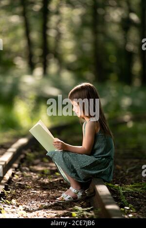 Seitenansicht von preteen Mädchen sitzen im Wald Lesung interessant Geschichte Stockfoto