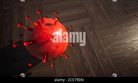 Konzept oder konzeptionelle rote 3d-Illustration von Coronavirus auf Holz Boden Hintergrund als Warnung für den globalen Ausbruch und die Übertragungsgefahr Stockfoto