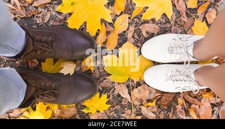 Mann und Frau Schuhe stehen auf gelben marple Blätter Stockfoto
