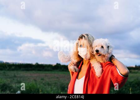 Positive Frau in Freizeitkleidung trägt schützende Gesichtsmaske stehen Mit lustigen weißen Bichon Frise Hund auf Schultern gegen verschwommen Sommer Landschaft während Coronavirus Ausbruch Stockfoto