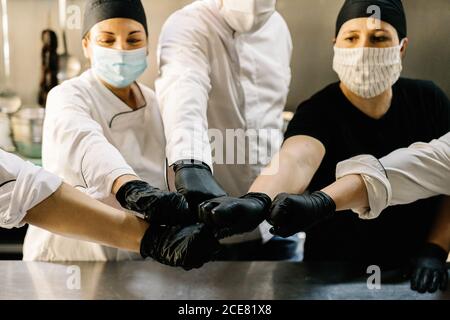 Content Köche Team tragen einheitliche Gesichtsmasken und Handschuhe auffällig Handeln Sie mit Fäusten, während Sie in der modernen Restaurantküche arbeiten Coronavirus-Epidemie Stockfoto
