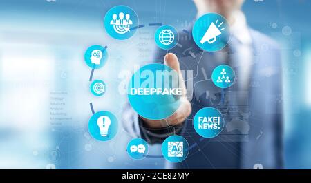 Deep Fake News Künstliche Intelligenz in der Medientechnik Konzept auf Virtueller Bildschirm Stockfoto