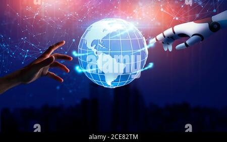 Zusammenarbeit zwischen Mensch und Robotik. Männlich und Cyborg Hände erreichen 3d digitalen Globus Stockfoto