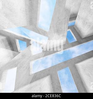 Abstrakter weißer Betonhintergrund mit blauen Oberlichtern, digitale Illustration mit Doppelbelichtungseffekt, gemischte Medien. 3d-Rendering-Illustration Stockfoto