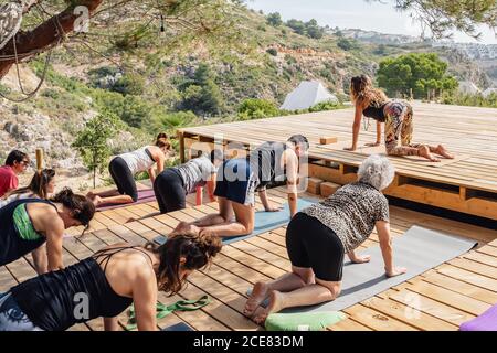 Seitenansicht einer anonymen Yogalehrerin, die Bitilasana-Pose demonstriert Für diverse Schüler unterschiedlichen Alters während des Outdoor-Trainings Stockfoto