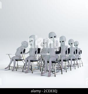 Riesige Gruppe von Aliens in der Schule während eines Unterrichts "3d Abbildung' Stockfoto