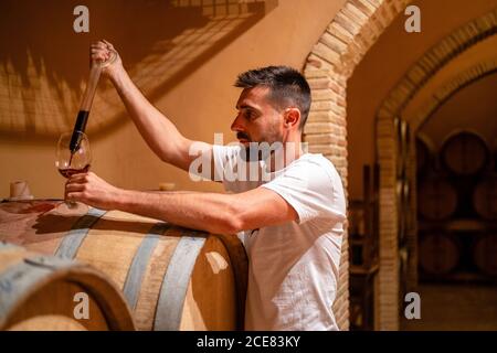 Seitenansicht ernsthafte männliche Winzer Gießen aromatischen Rotwein aus Holzfass in Glas mit speziellen Glas-Werkzeug Stockfoto