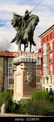 Rodrigo Díaz de Vivar 'El Cid' Statue auf einem Pferd Zeigt ein Schwert in die Mitte der Straße hinein Burgos Kastilien und Leon Spanien Stockfoto