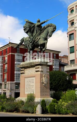 Rodrigo Díaz de Vivar 'El Cid' Statue auf einem Pferd Zeigt ein Schwert in die Mitte der Straße hinein Burgos Kastilien und Leon Spanien Stockfoto