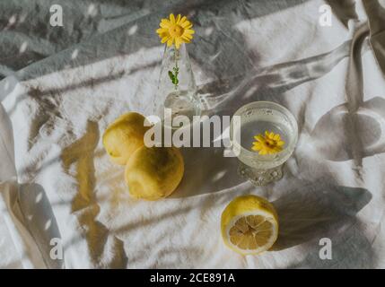 Zarte gelbe Kamille in Glasvase auf Tisch mit platziert Weißes Tuch in der Nähe erfrischende Getränk und mit natürlichen Zitronen zusammengesetzt Stockfoto
